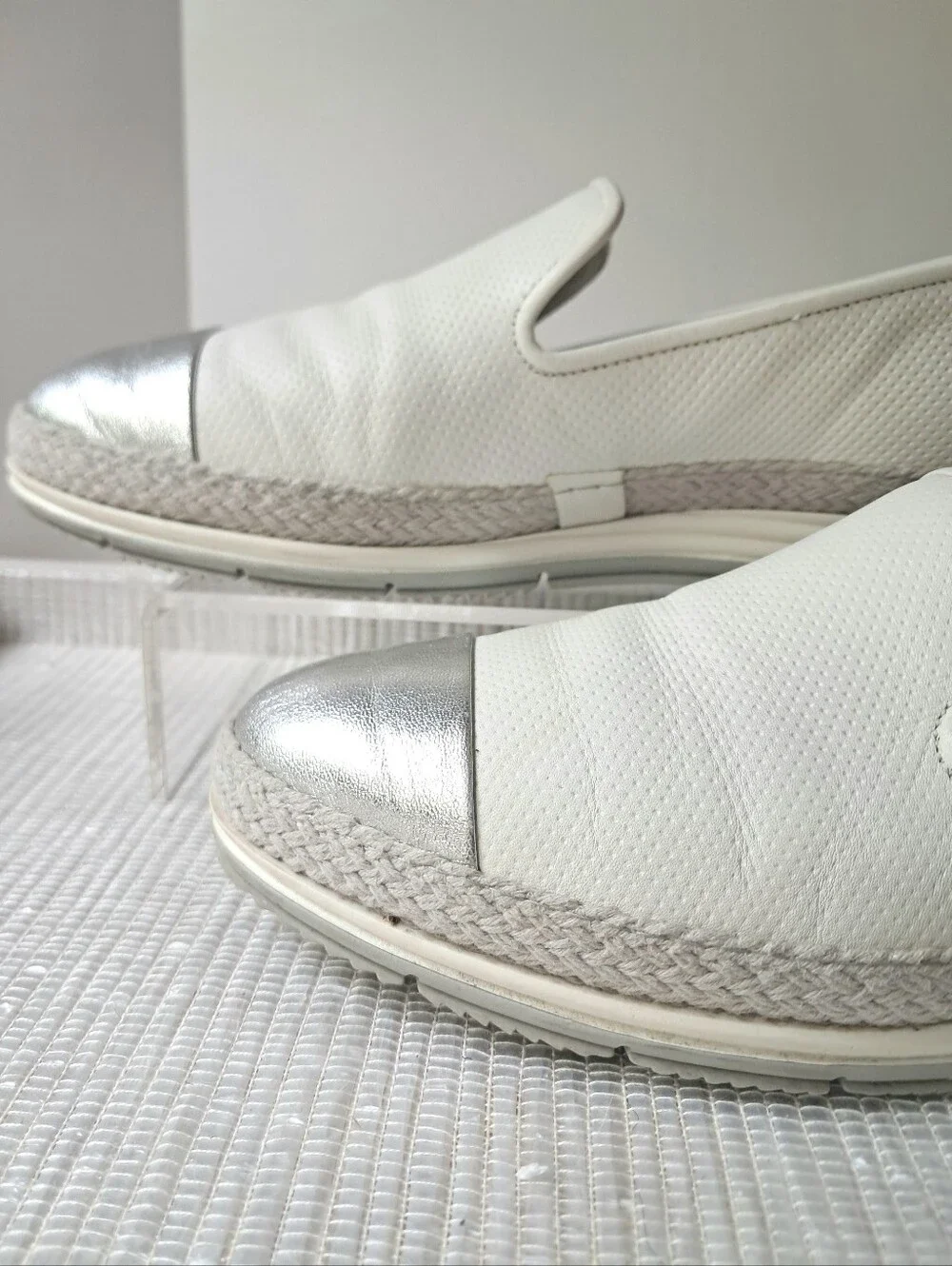 Paul Green Joaquin Espadrille Slip-on Leather Loafers Women's 7.5 White/Silver